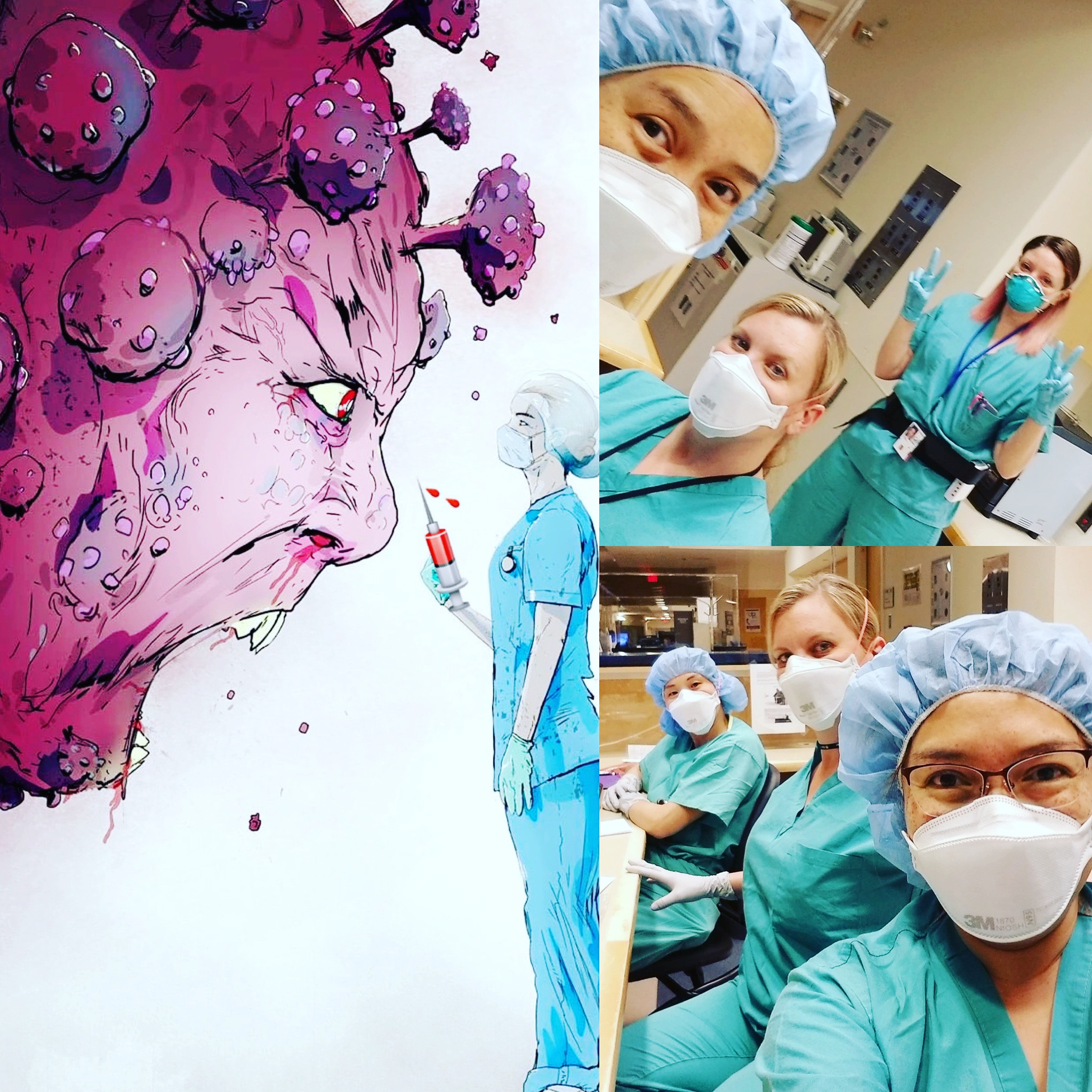 This collage is composed of a cartoon on the left of a personified COVID Virus screaming at a person in scrubs holding a syringe. The right two panels are nurses in scrubs and masks in the clinical center.
