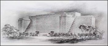 An artist's 1948 sketch of the NIH Clinical Center.