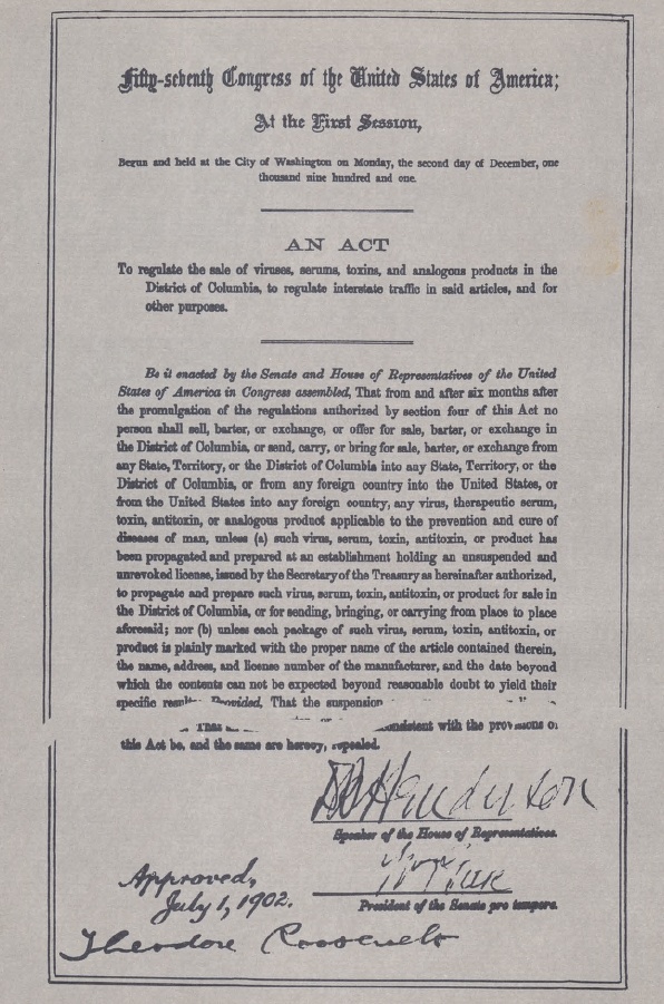 Image of an old document regulating biologics which was signed into law in 1902