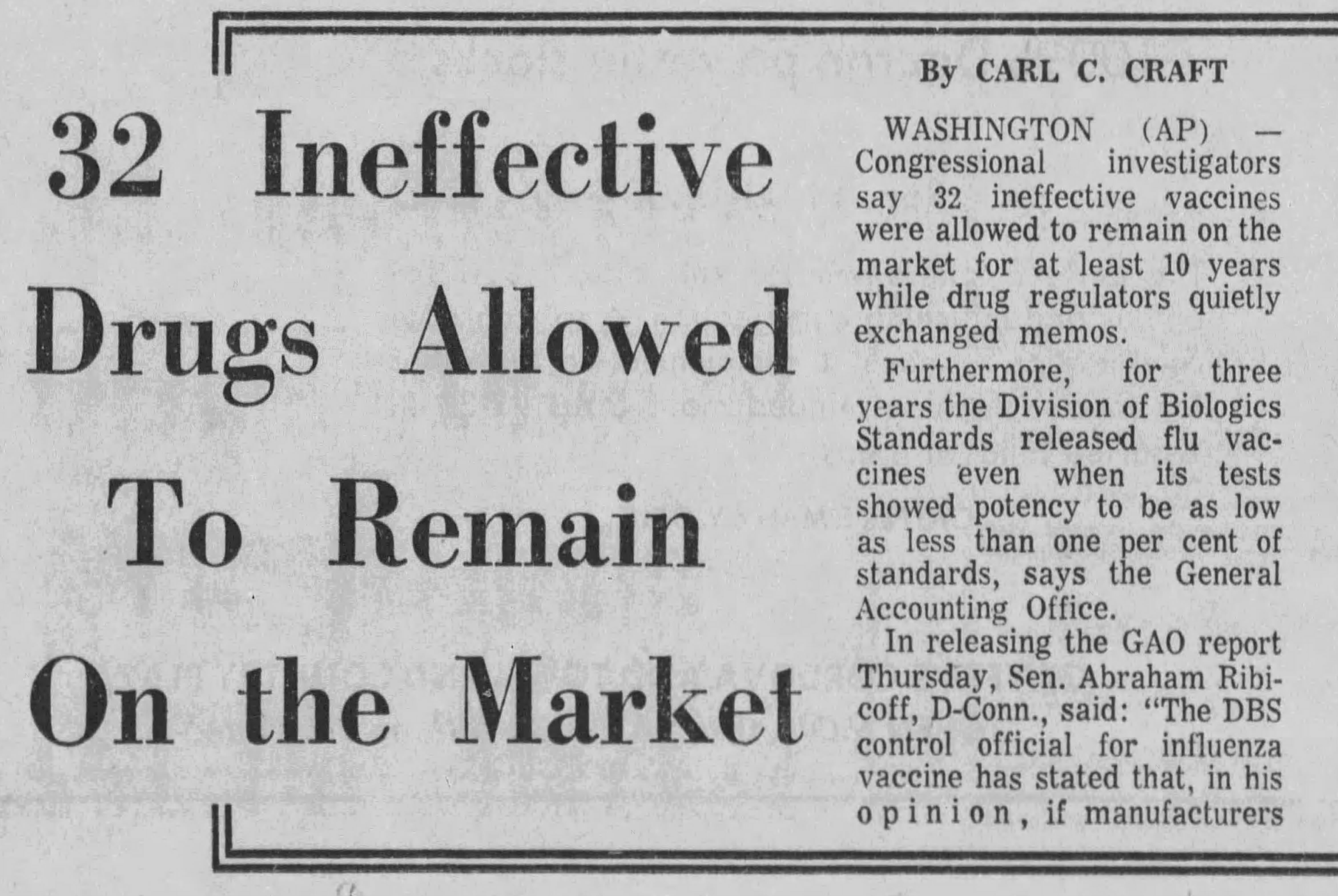 a newspaper clipping about a GAO report released in March 1972 called out DBS for allowing hypopotent vaccines to remain on the market, from the Pensacola News Journal on Friday March 31, 1972