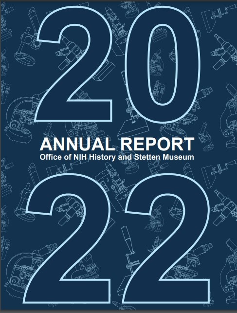 Cover of 2022 report with blue background with microscopes on it