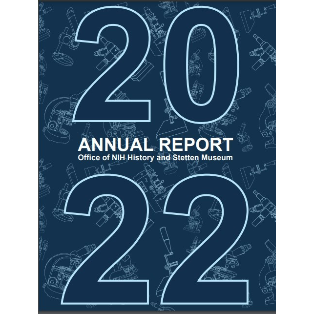Cover of 2022 report with blue background with microscopes on it