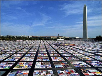 The NAMES Project AIDS quilt, representing people who have died of AIDS, in front of the Washington Monument