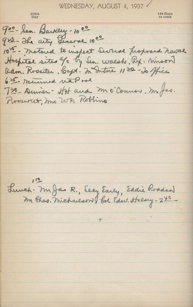 The handwritten schedule for FDR on August 4, 1937.