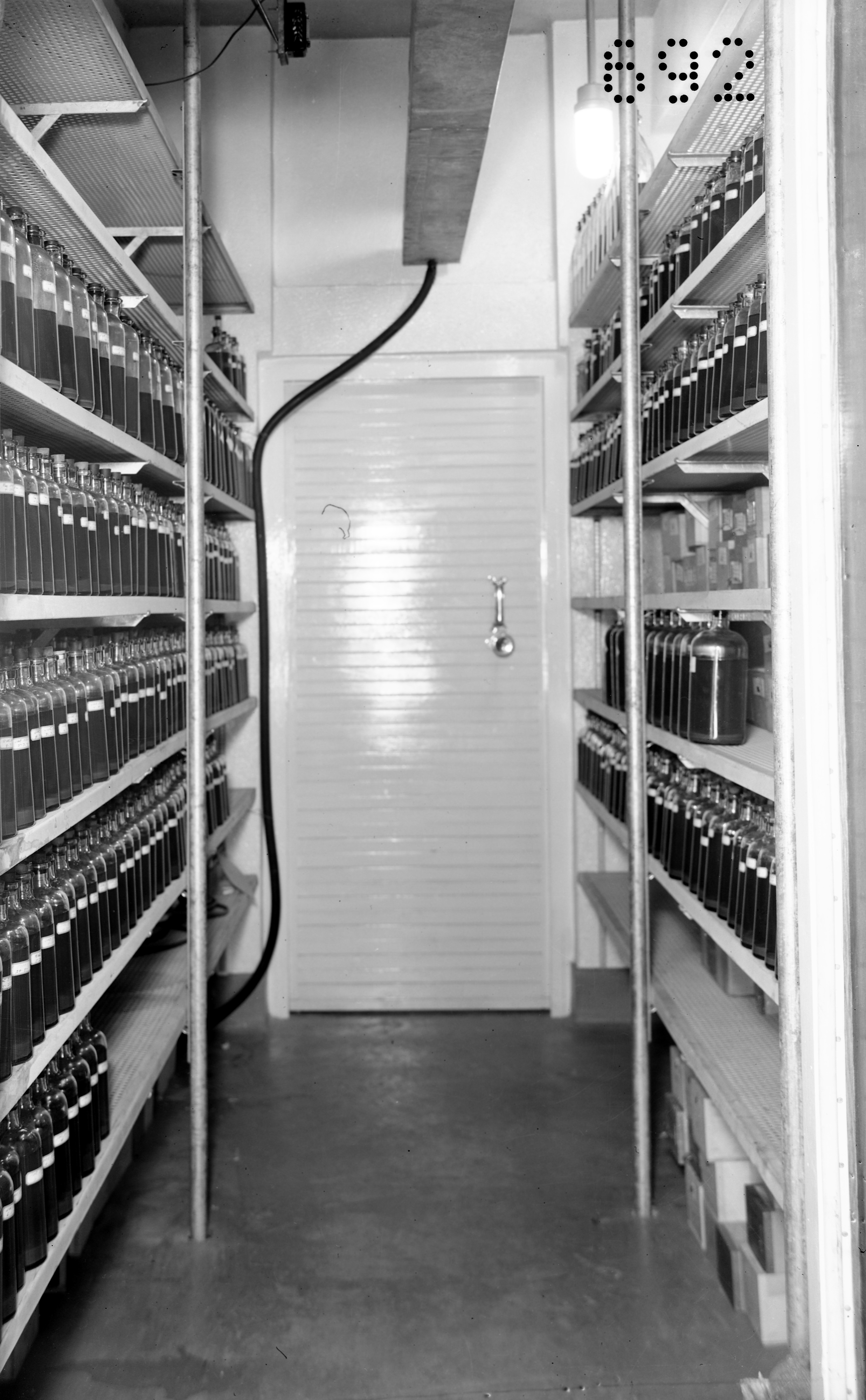 Room lined with metal shelves full of bottles of vaccine