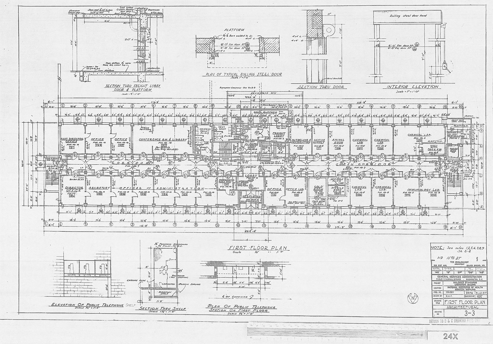 First floor plan of Building 29, showing administrative office and laboratory spaces