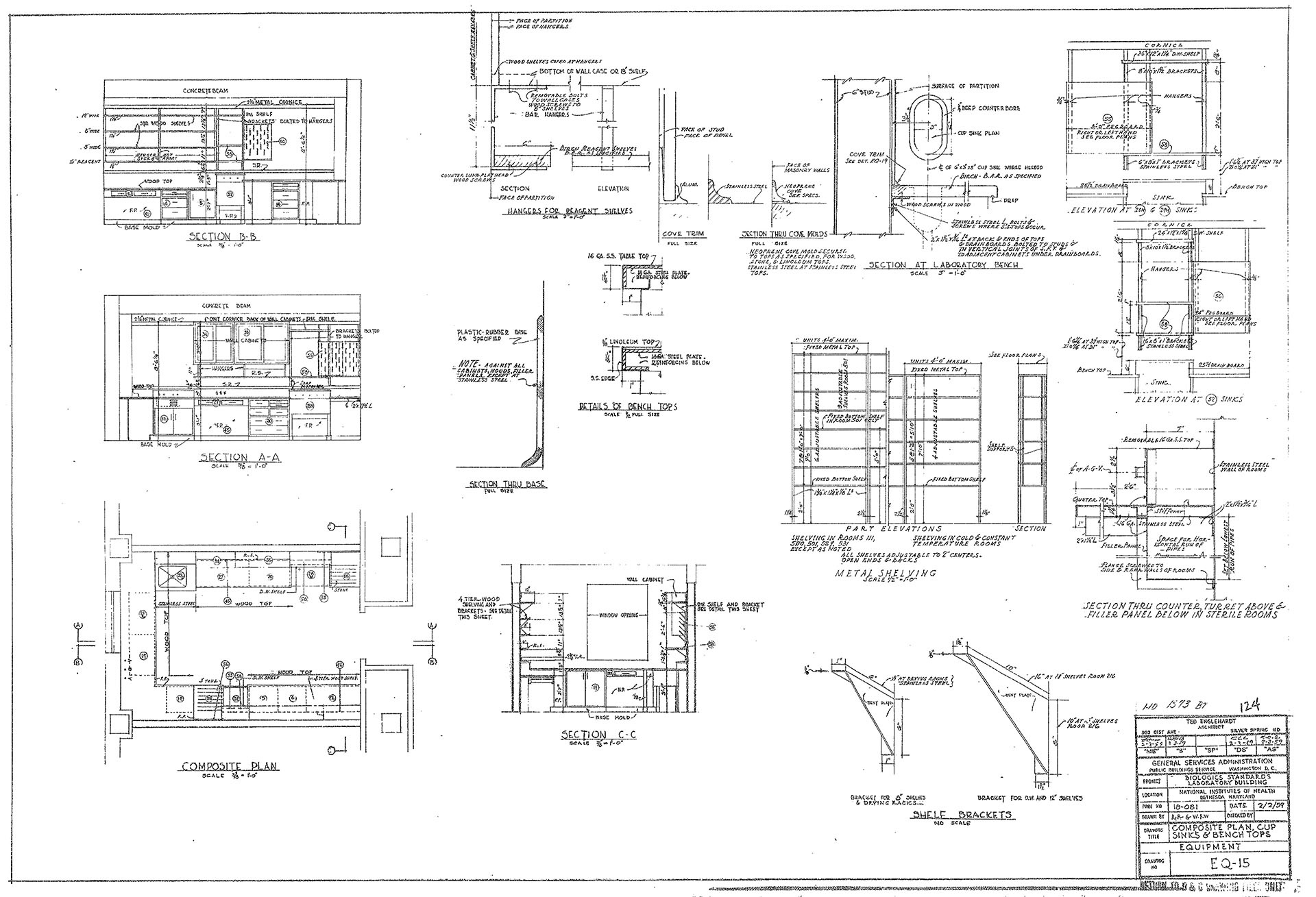 Detail interior drawing of Building 29 showing a composite plan, cup sinks, shelf brackets, and bench tops