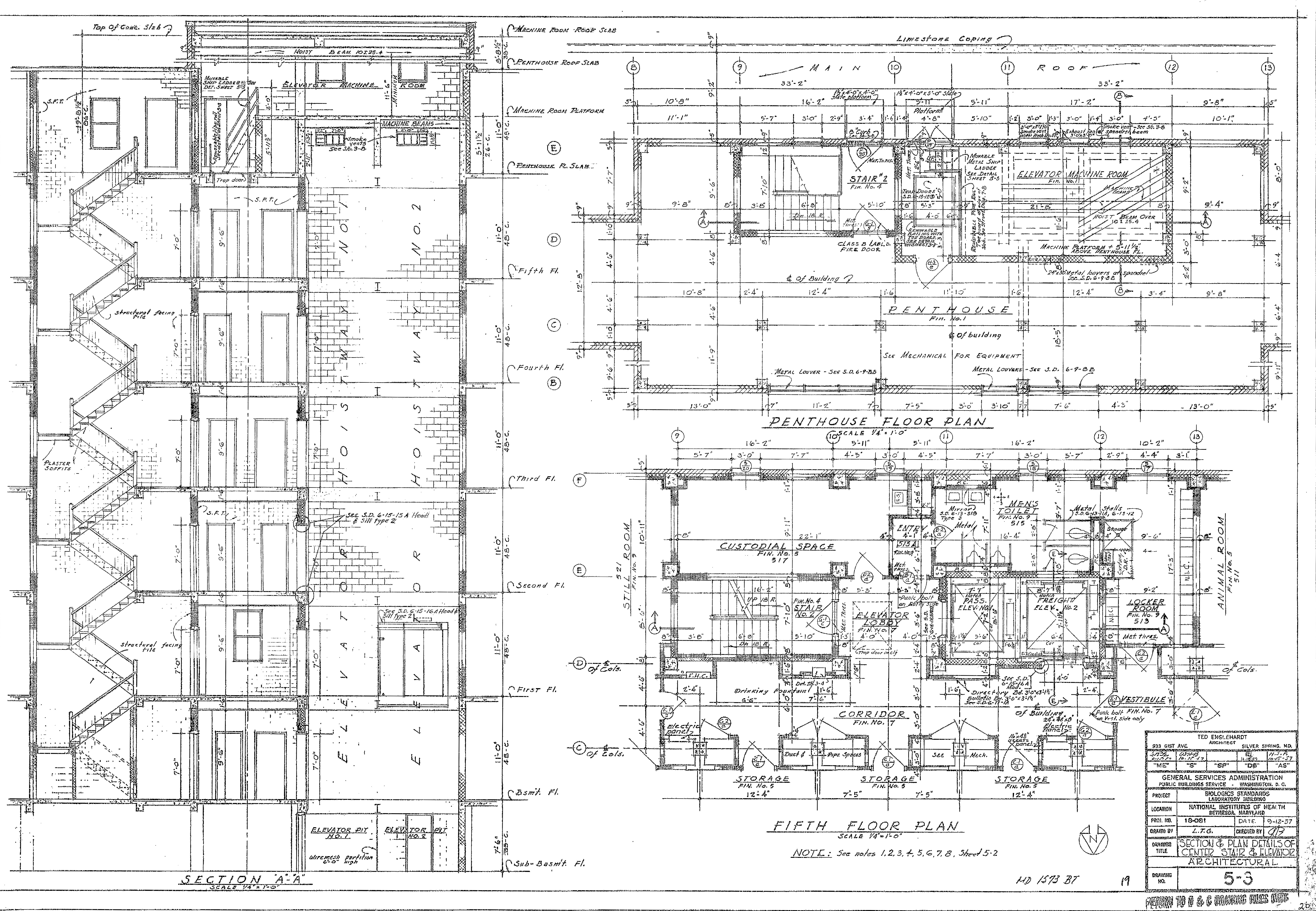 Architectural section drawing and plan details of center stairwell and elevator of Building 29