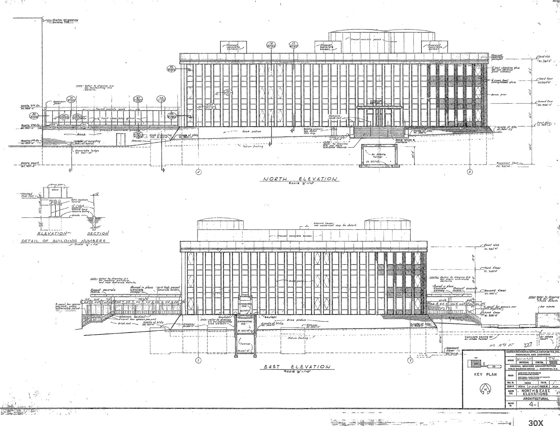 North and east elevation drawings of Building 29A.