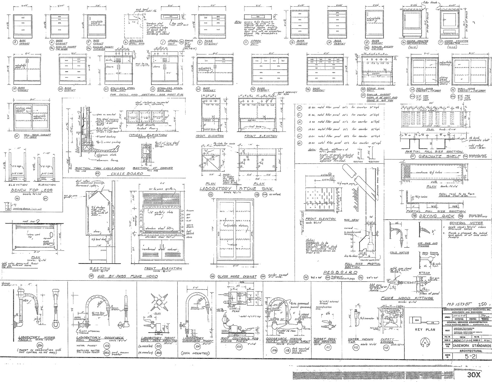 Details drawing showing the standard caseworks (cabinets, sinks, chalkboards, benchtops, faucets, etc.) in Building 29A.