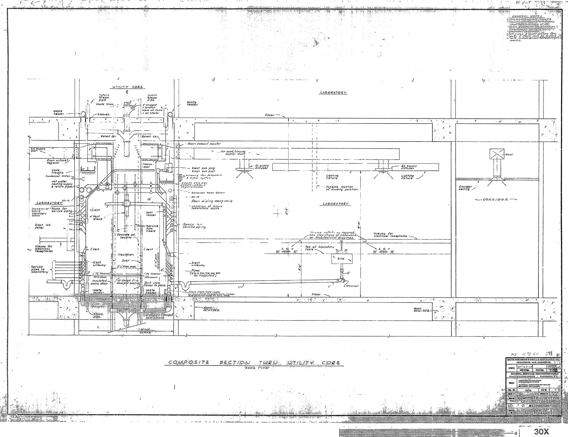 section drawing of the utility core of Building 29A