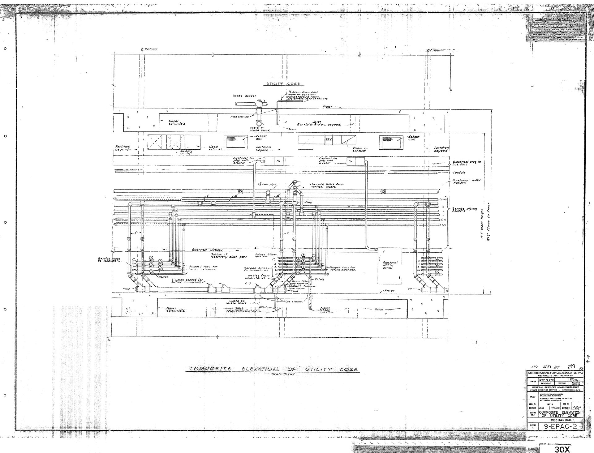 elevation drawing of the utility core of Building 29A