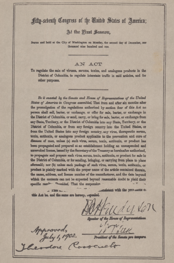 Scan of the 1902 Biologics Control Act signed by Theodore Roosevelt