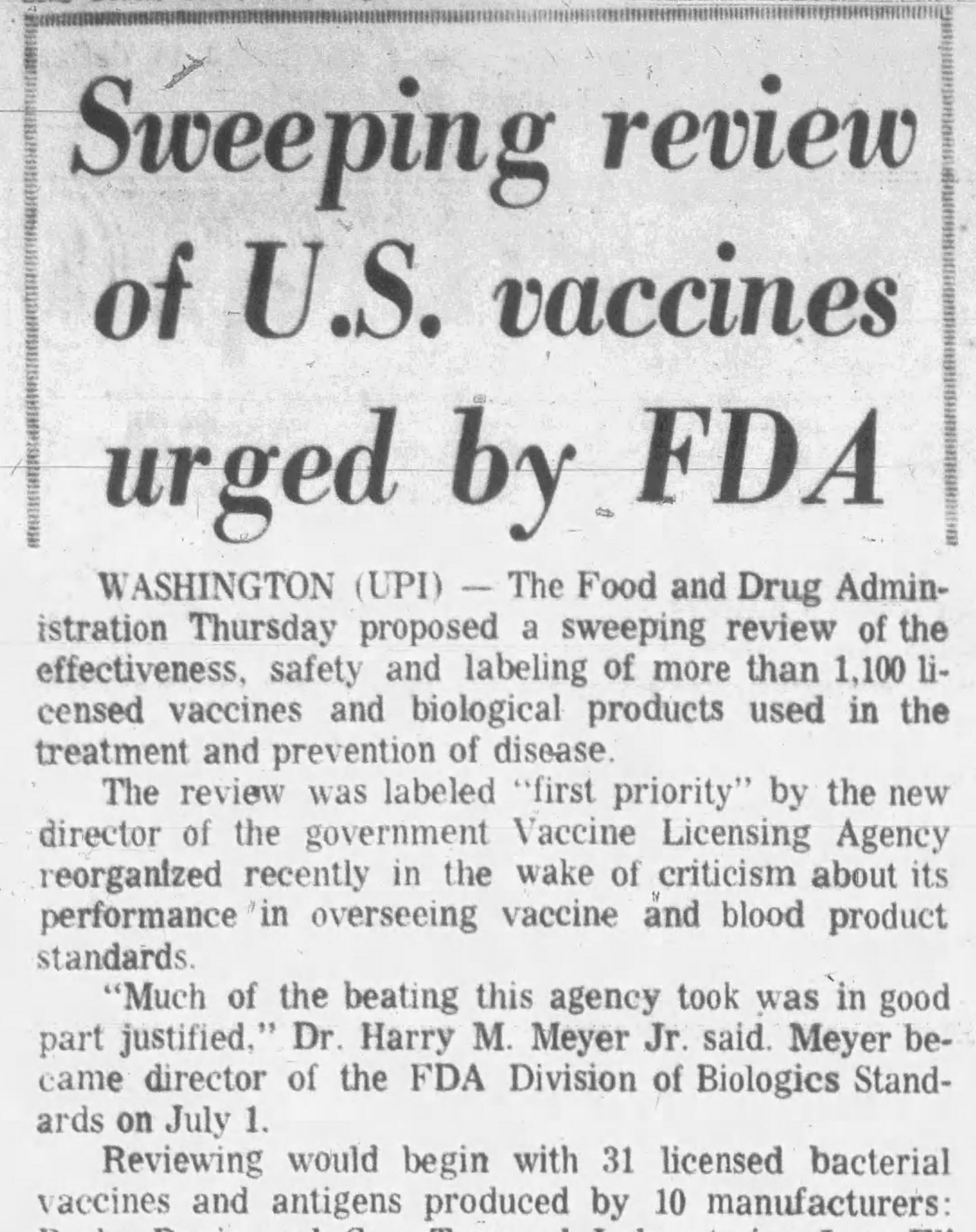 a 1972 newspaper clipping about a sweeping review of vaccines urged by the FDA