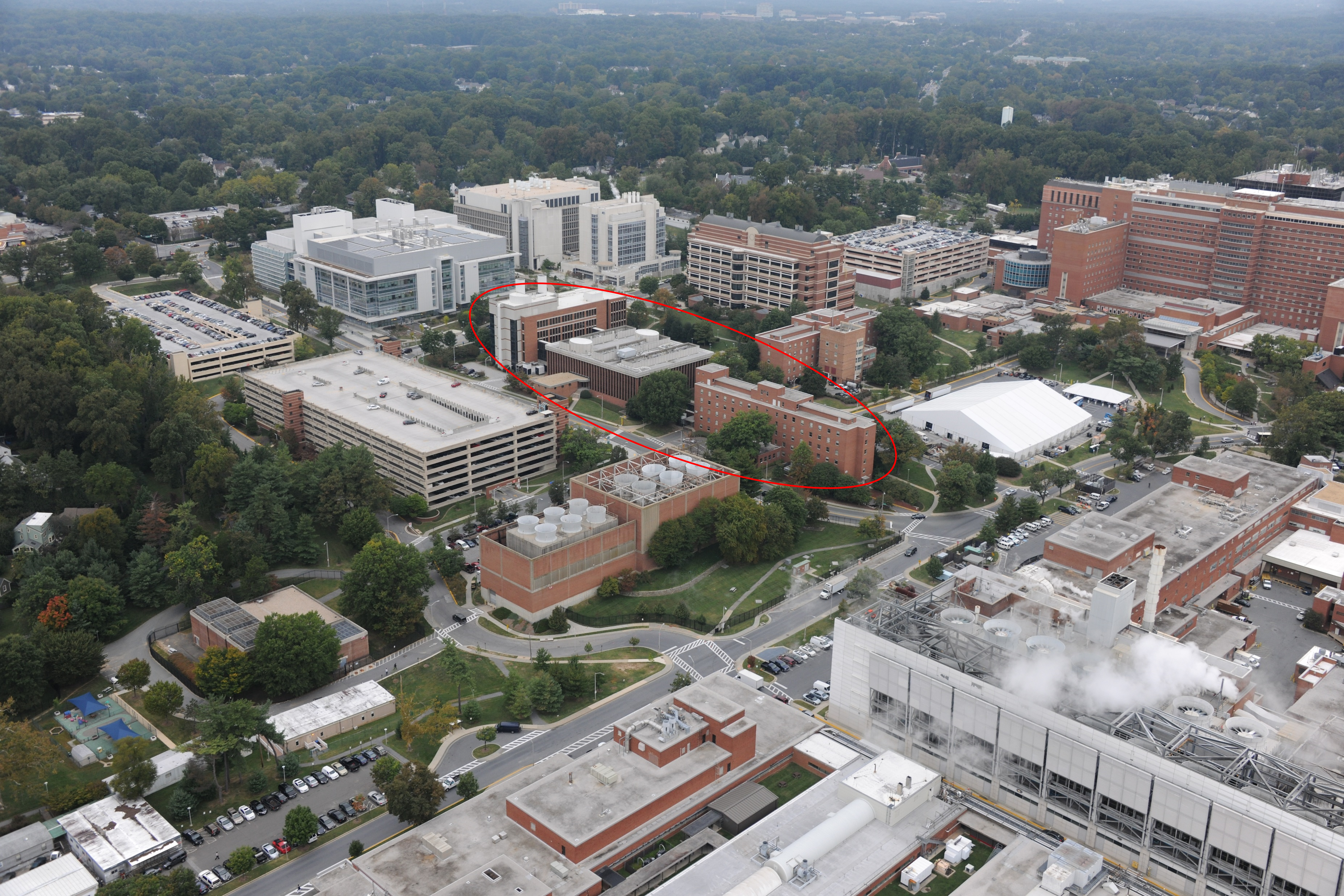a 2014 aerial image of NIH Bethesda campus with Buildings 29, 29A and 29B circled