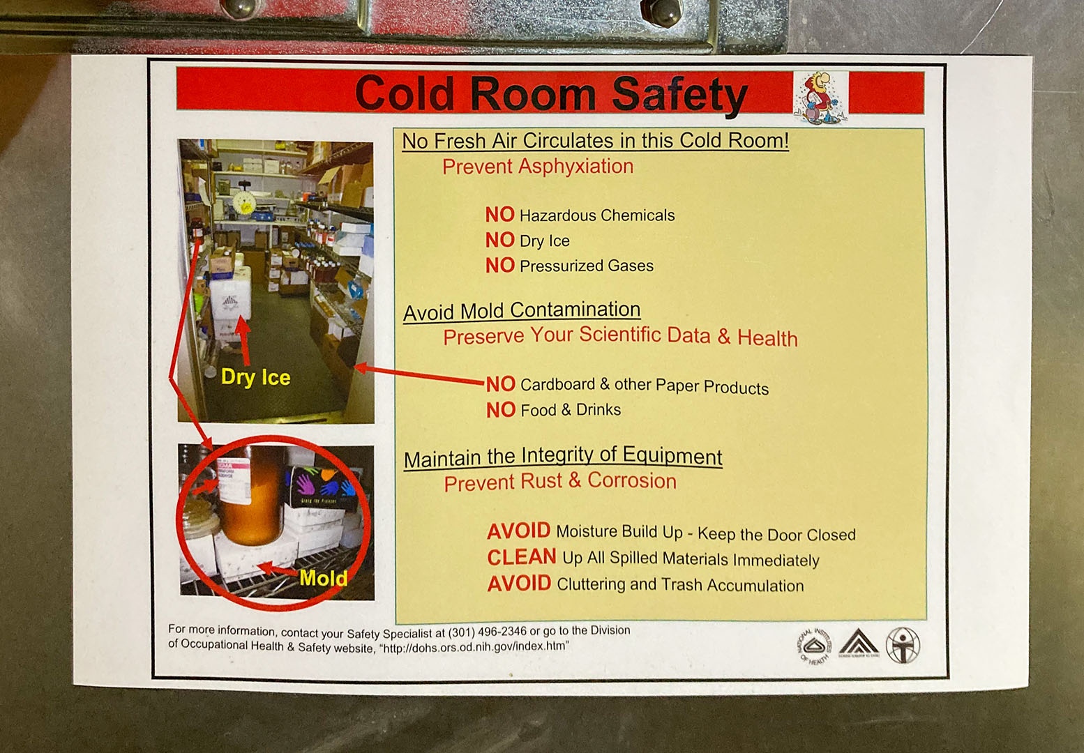 A sign with cold room safety measures including photos showing what to do and not do 