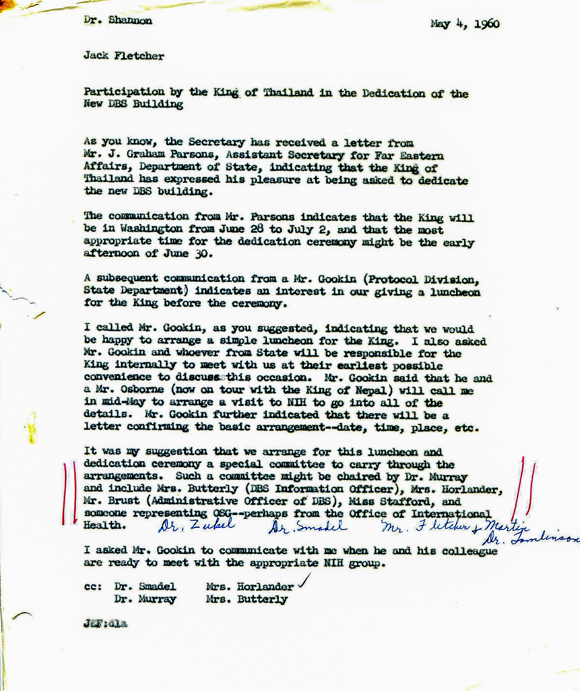 a scanned photo of a letter from 1960 preparing for the dedication ceremony luncheon for Building 29 with Arlene Butterly's name on it
