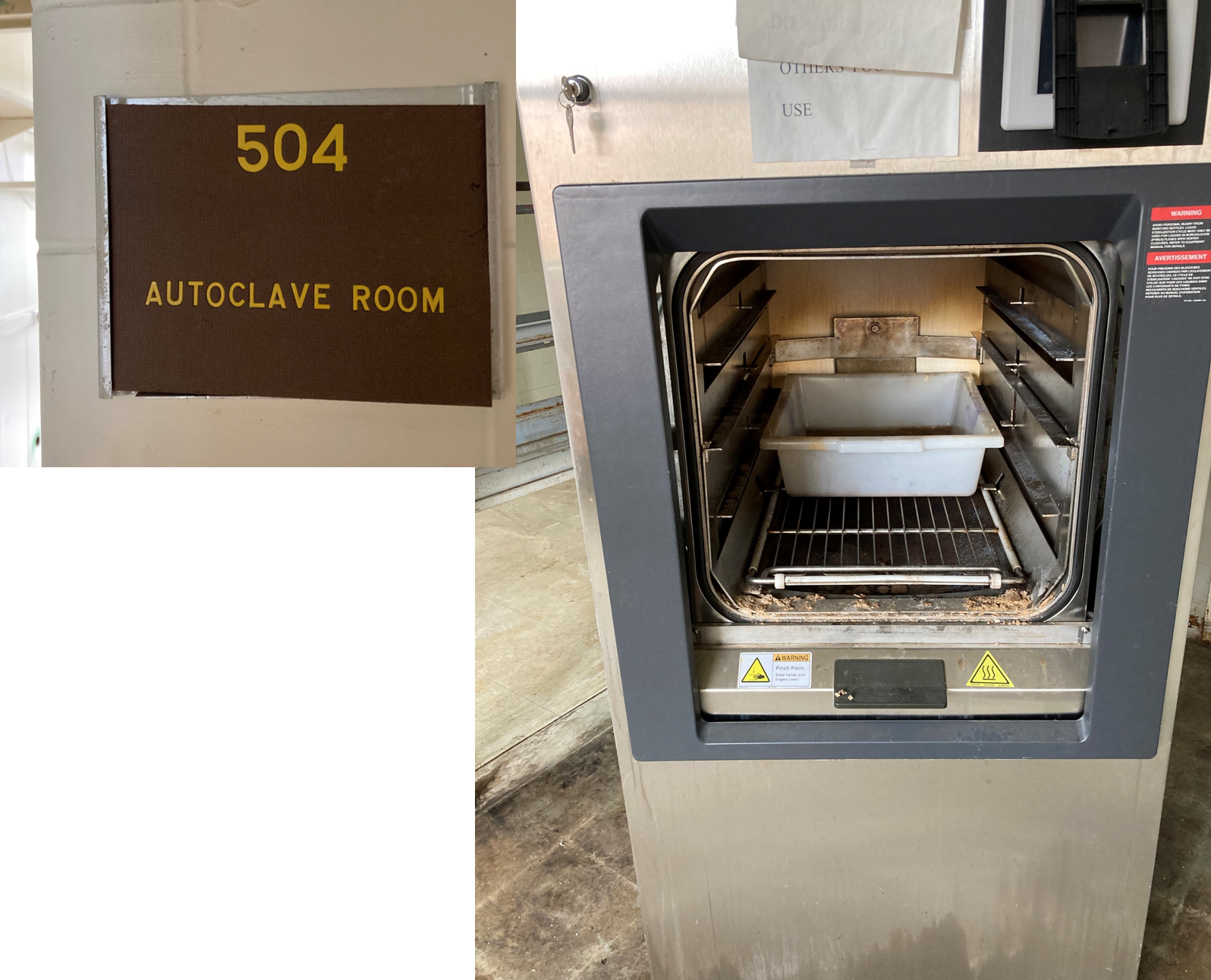 A montage of two photos. One showing an autoclave with a plastic container on a rack inside. The other is an image of the sign on the door reading Room 504 Autoclave Room