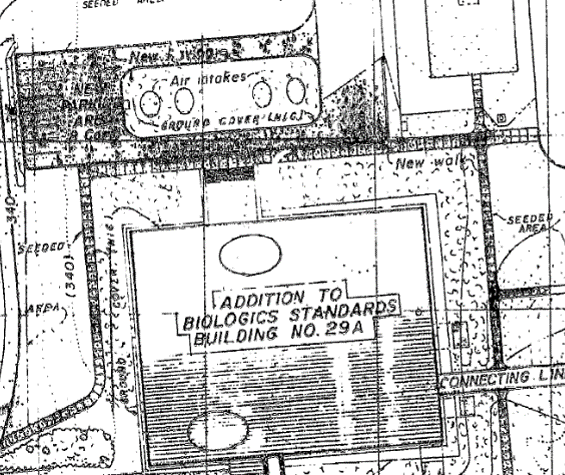 a portion of a black and white site plan drawing of Building 29A