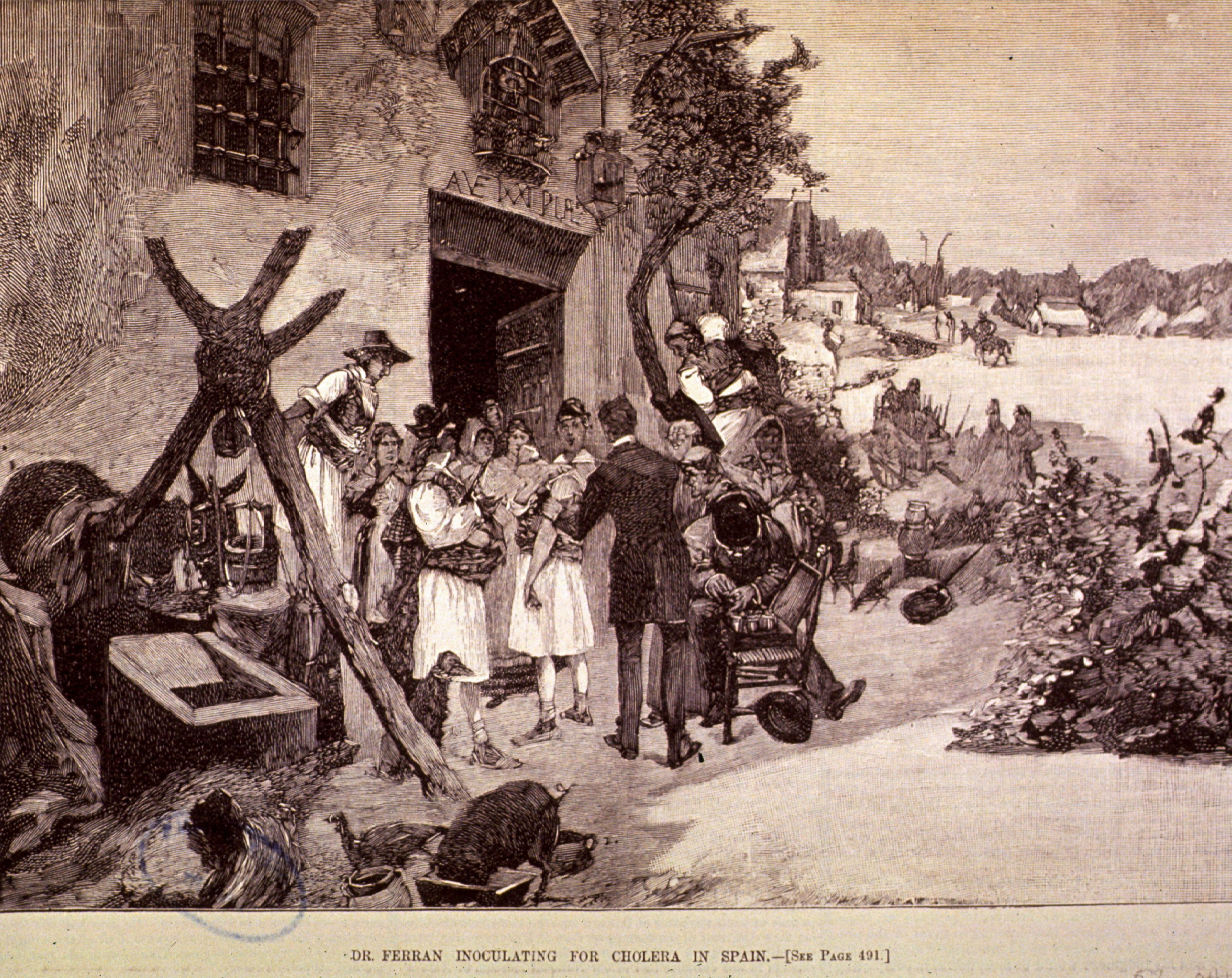 an etching showing people in the countryside getting inoculated against cholera