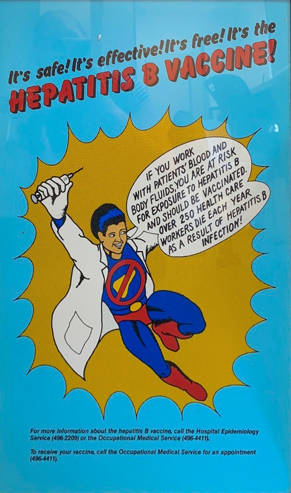a blue poster with a superhero image encouraging hepatitis B vaccination for healthcare workers
