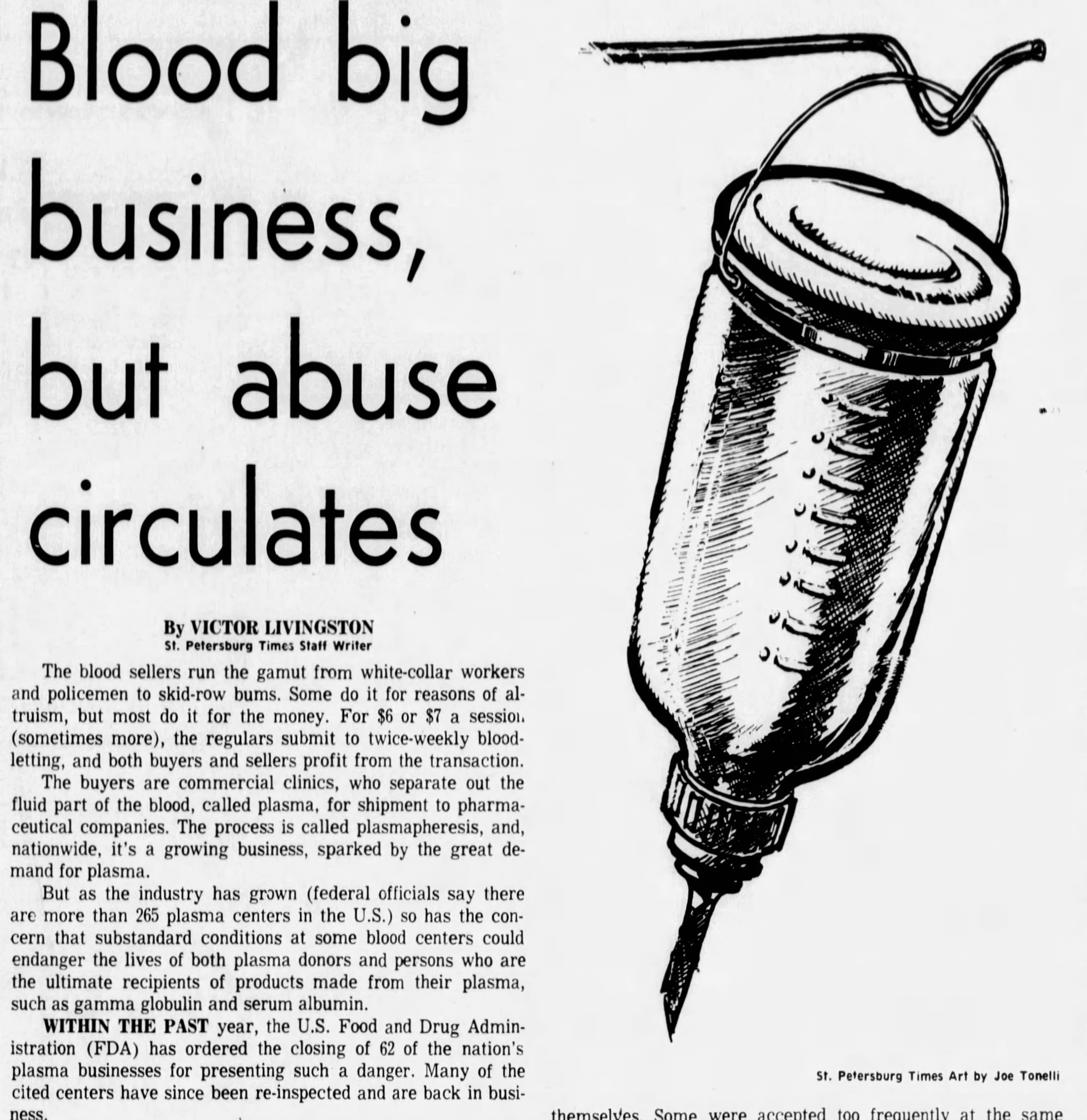 Newspaper article with the headline Blood big business but abuse circulates