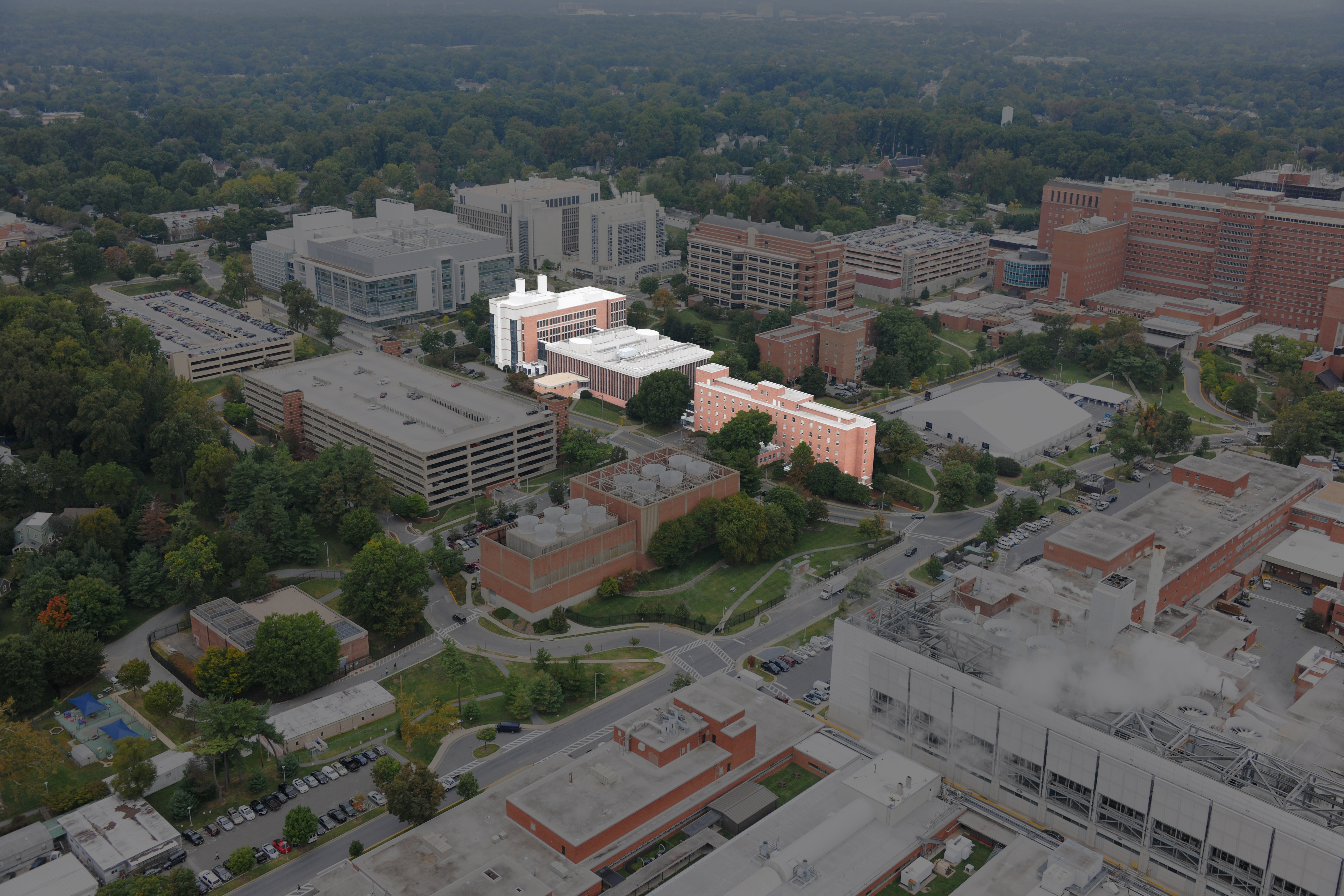 September 2014 aerial image of NIH Bethesda campus with Buildings 29, 29A, and 29B highlighted