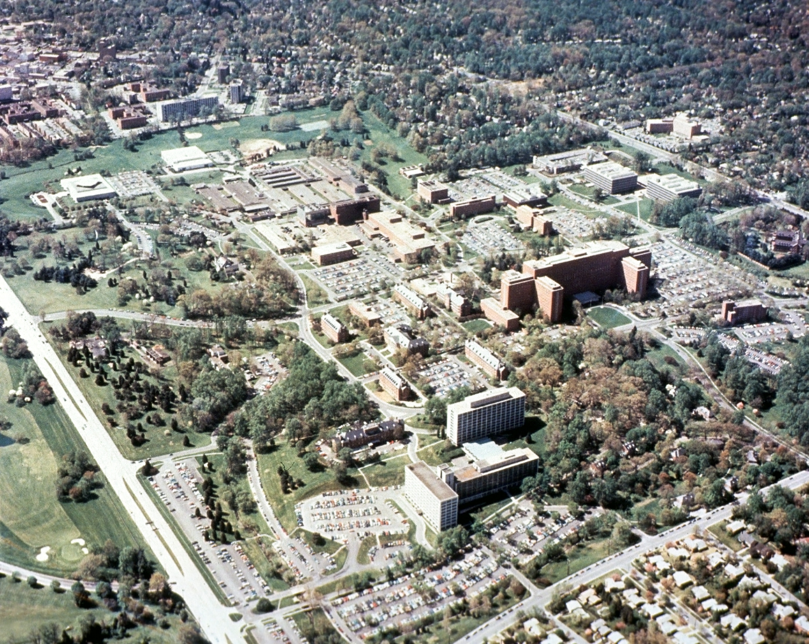 circa 1975 aerial image of NIH Bethesda campus