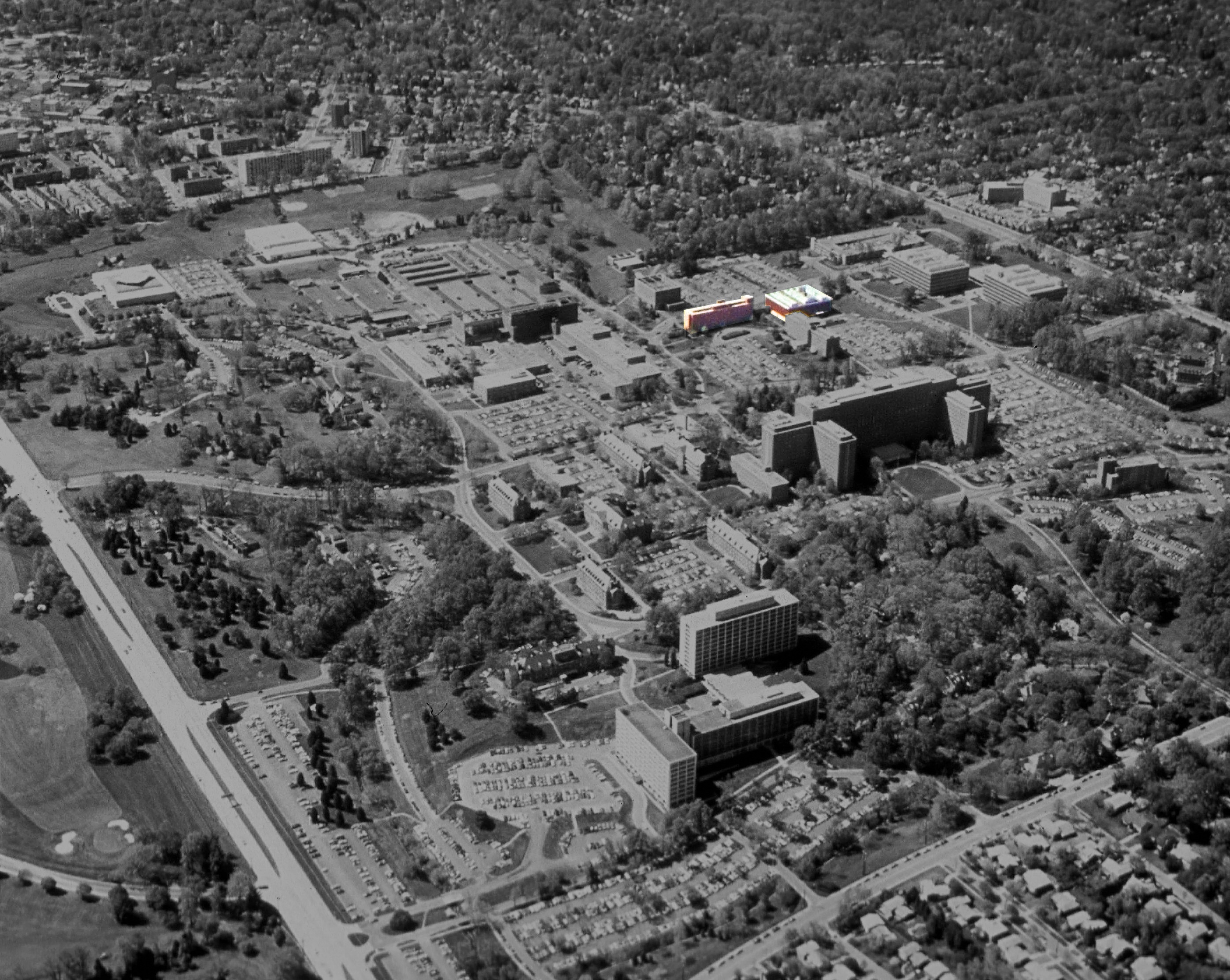 circa 1975 aerial image of NIH Bethesda Campus with Building 29 and 29A highlighted
