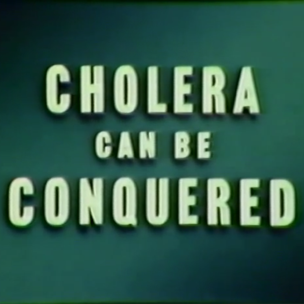 screenshot of a video about cholera. The screen is green with beige text that says cholera can be conquered