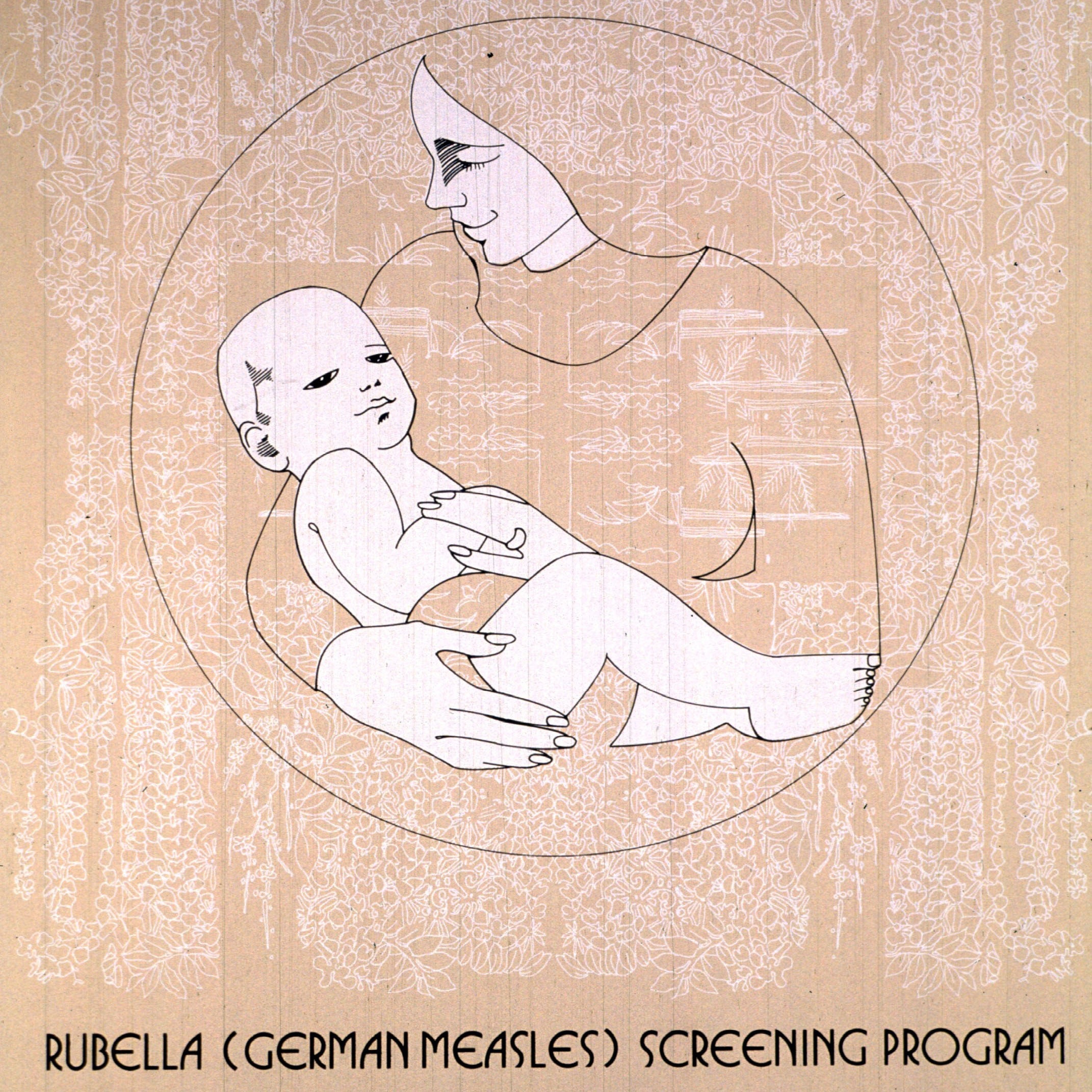 a poster with an Art Deco style image of a mother and baby that advertises a rubella screening program for women