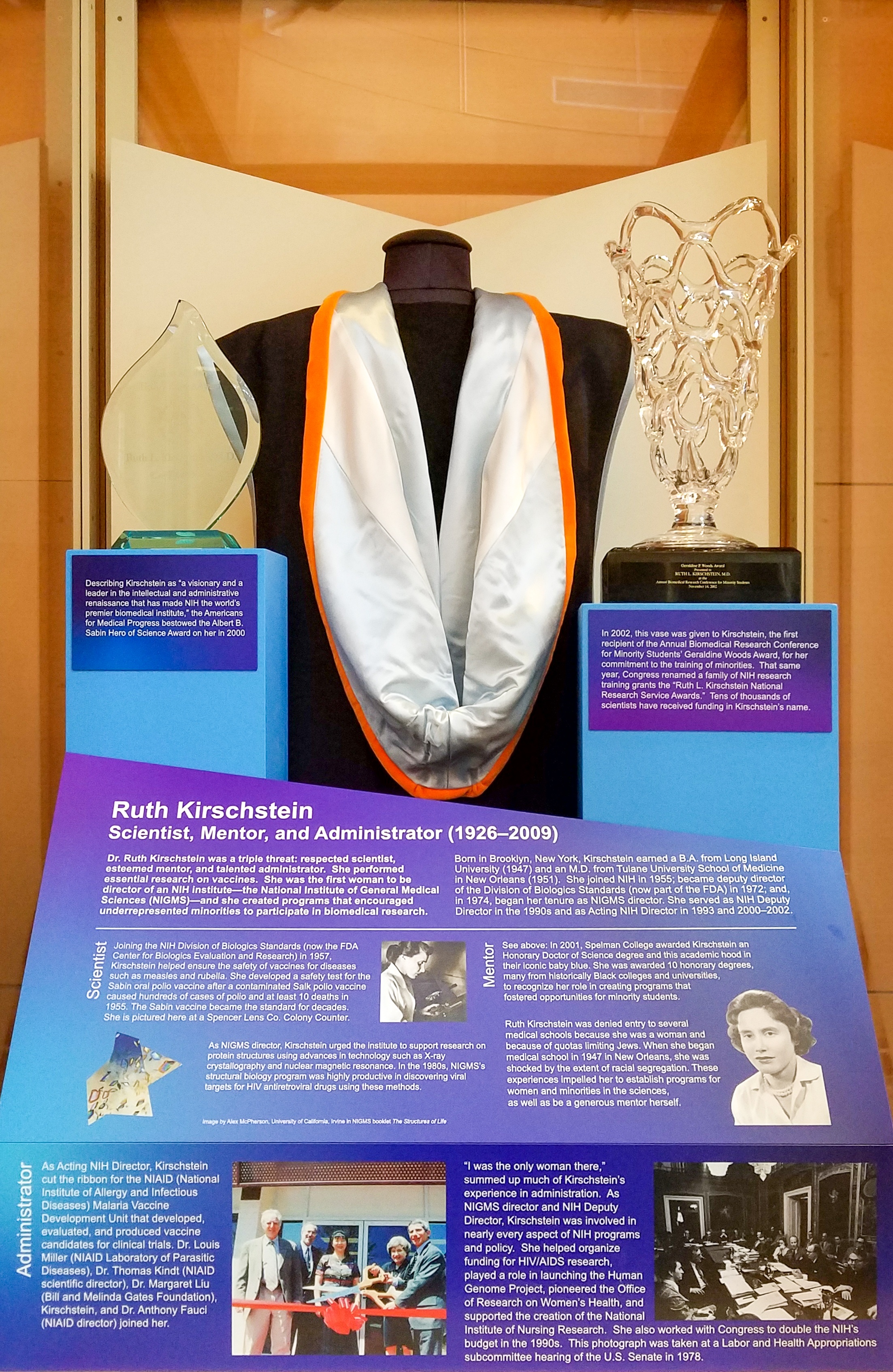 a photo of a museum display on Dr. Ruth Kirschstein with information about her career, a glass award, a glass vase, and a master's degree hood and robe