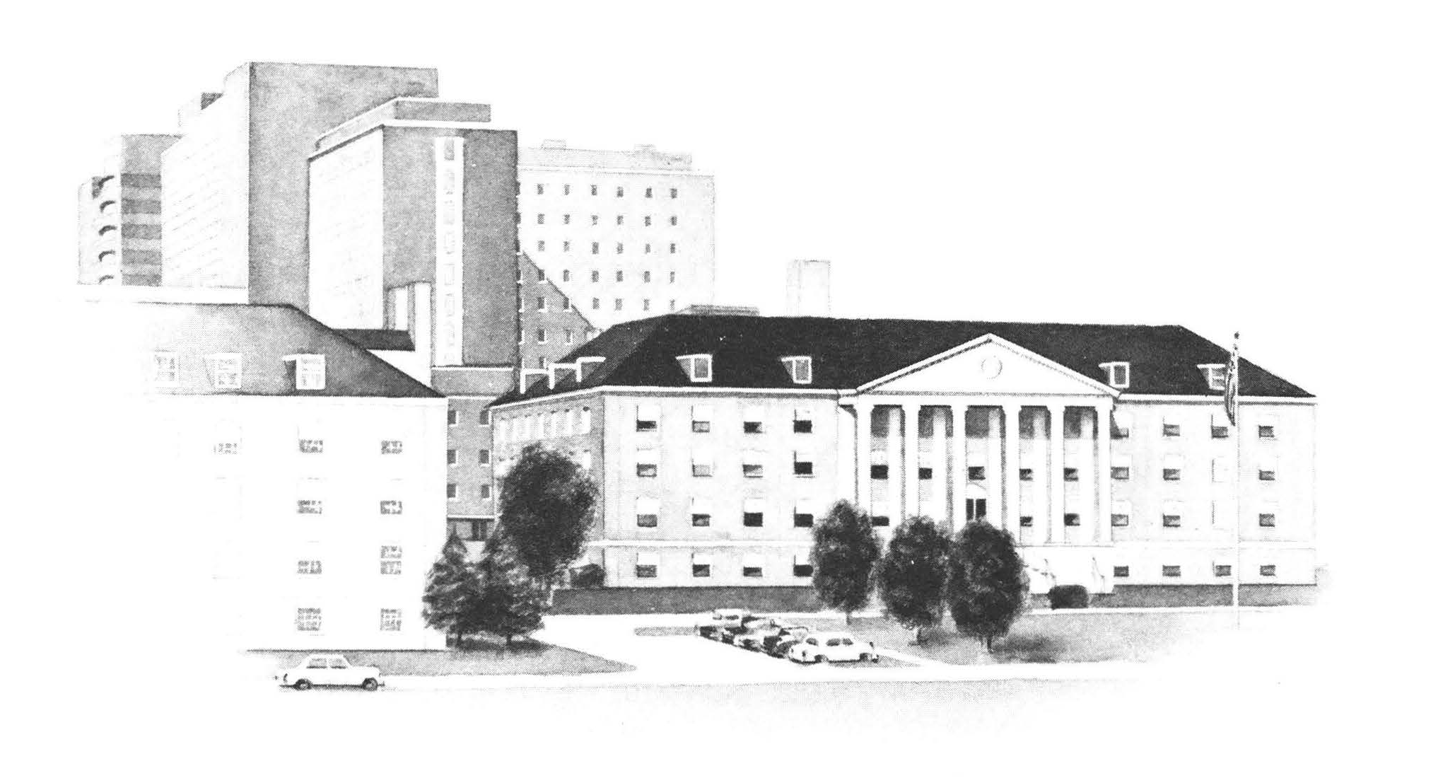 black and white drawing of the NIH circa 1950.