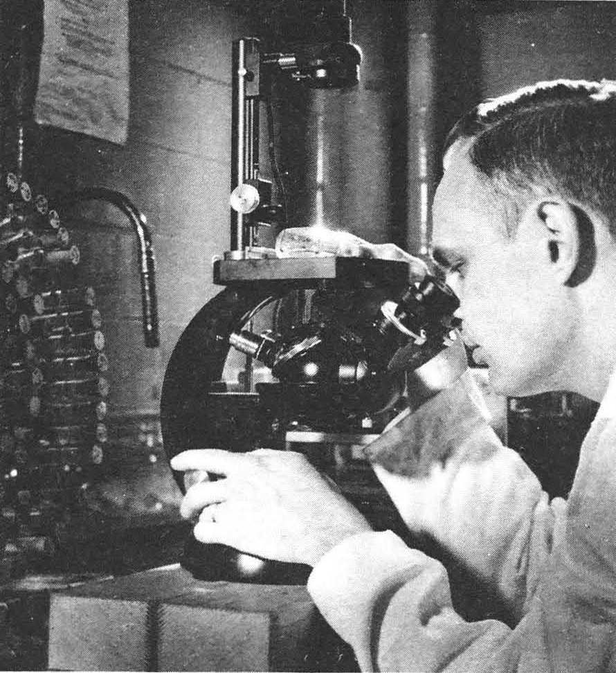 a black and white photograph of a man looking into a microscope