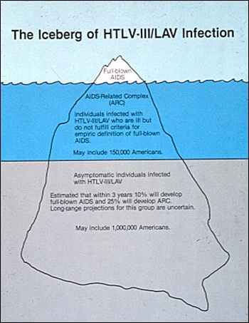 Because AIDS symptoms can take 10 years to develop, only a small fraction of the epidemic was visible in 1985