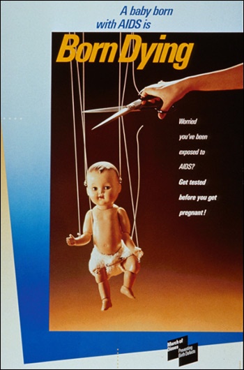 Poster showing marionette baby with scissors hovering over the strings