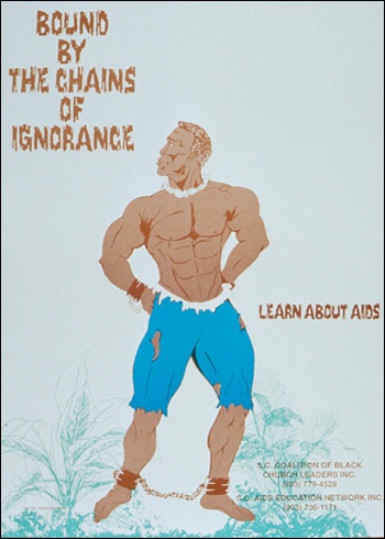 Poster featuring muscular, shirtless cartoon man bound in ankle chains