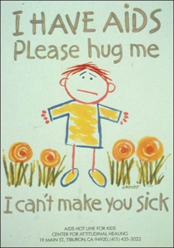 Poster of sad-looking cartoon child wanting a hug standing amongst flowers