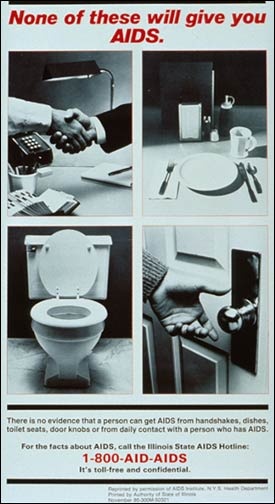 Poster with photos of a handshake, kitchenware, toilet, and doorknob
