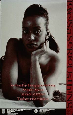 Poster with concerned-looking Black woman looking at camera