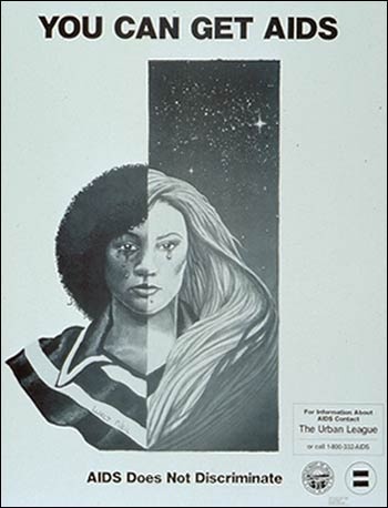 Poster with illustration of a white and Black woman, split at the center