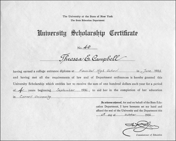 Thressa's Scholarship Certificate.