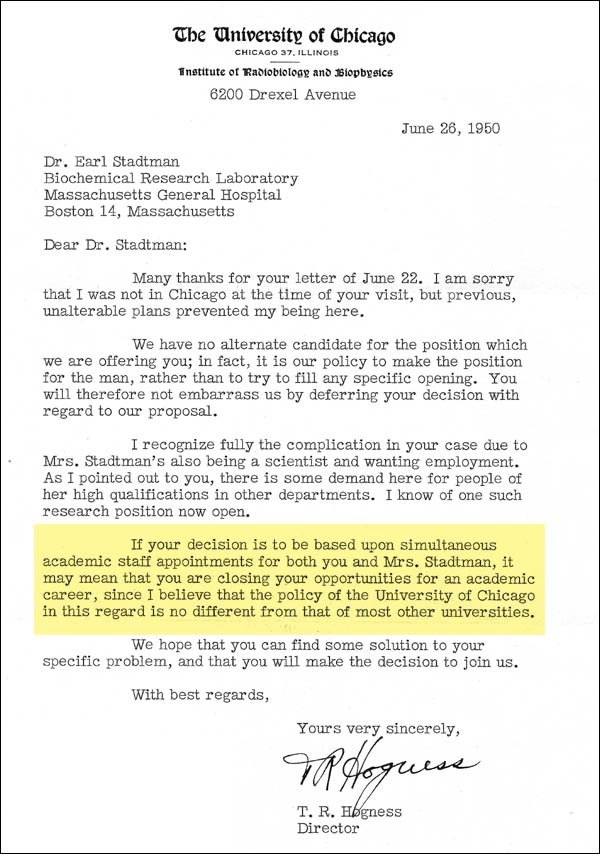 This letter shows how difficult it was for a married couple to find jobs at the same university in 1950.