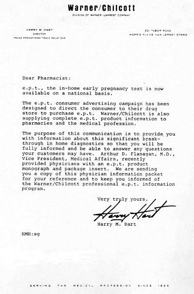 'Dear Pharmacist' letter from Warner Chilcott, circa 1977. Courtesy of the National Museum of American History, Smithsonian Institution