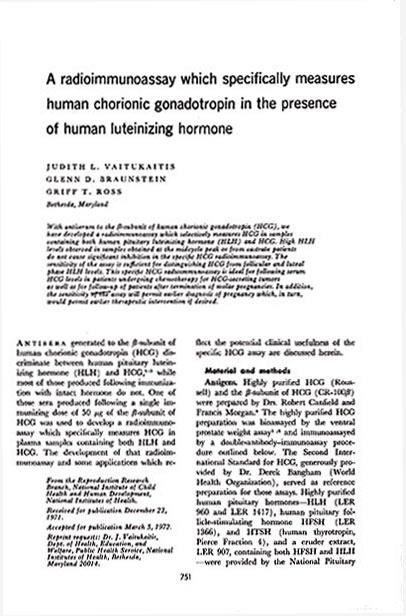 Vaitukaitis, Braunstein, and Ross' paper on the hCG radioimmunoassay, 1972