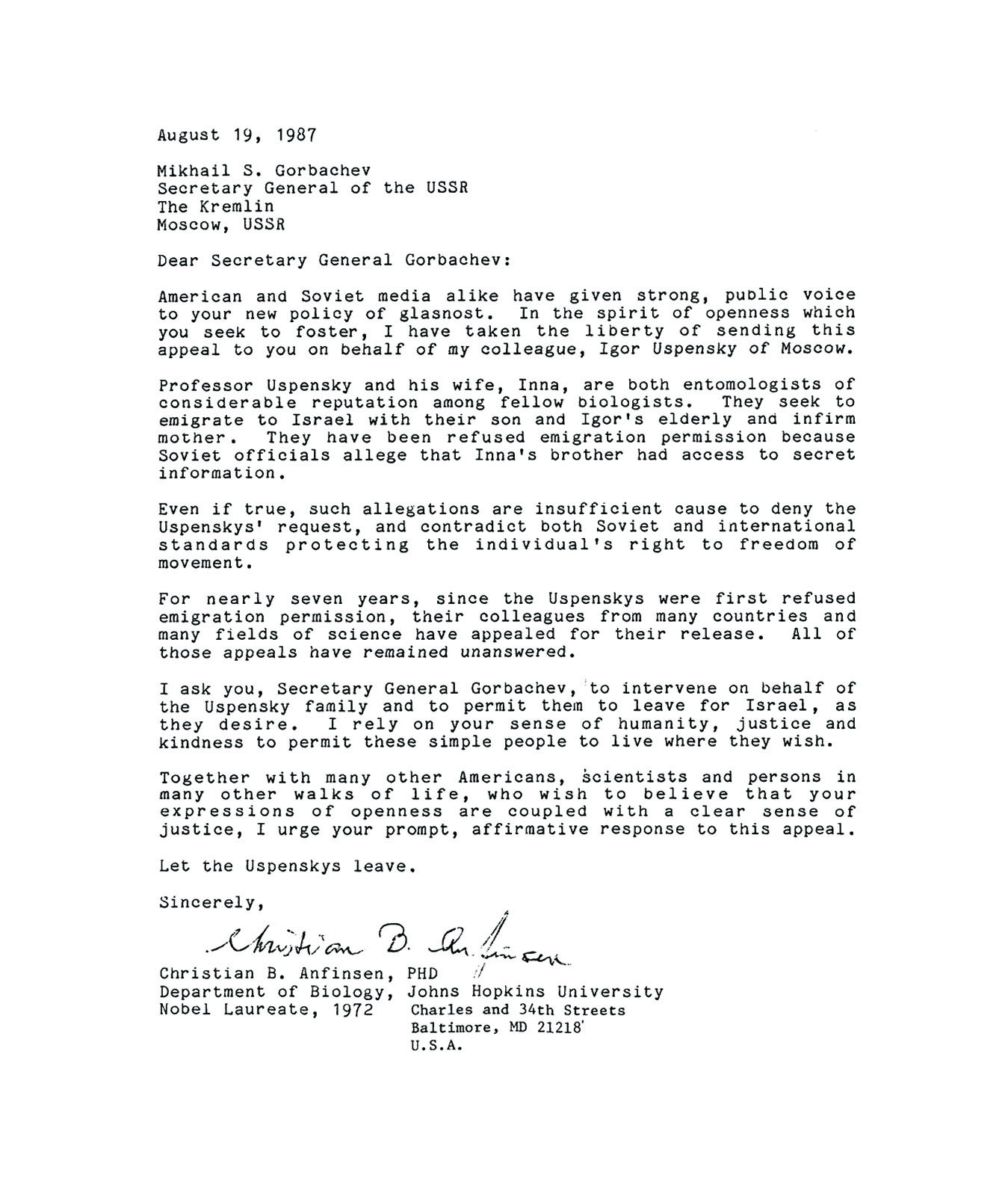 Letter penned by Dr. Anfinsen