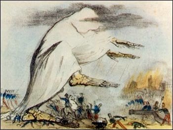 Cartoon representation of cholera as a skeletal figure over a battlefield