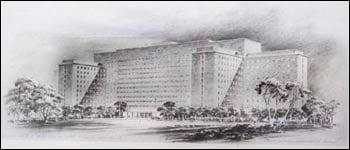 Black and white sketch of a large building